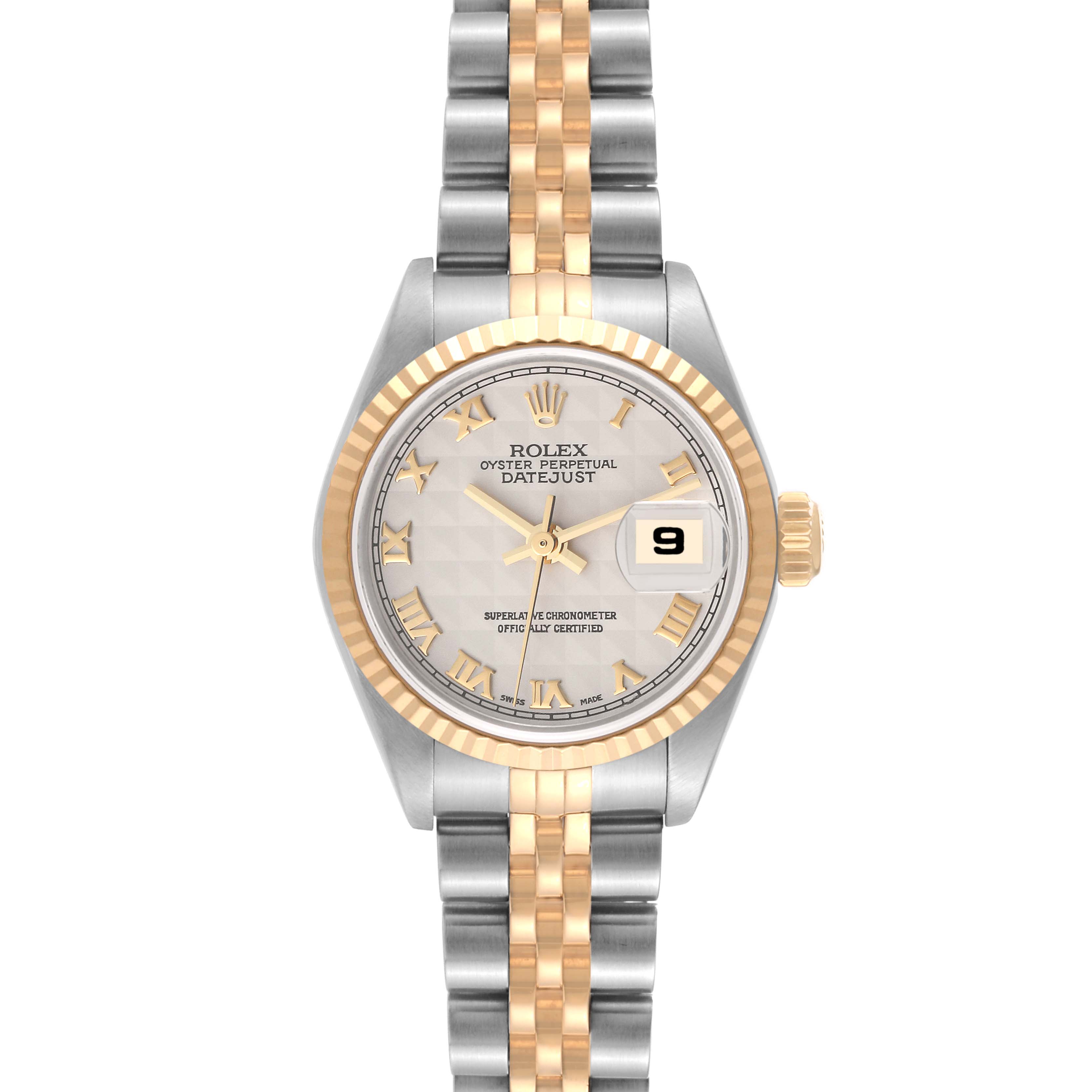 The image shows a Rolex Datejust 79173 Women's Steel and Gold (two tone) Beige Dial 79173 Women's Steel and Gold (two tone) Beige Dial watch at a straight-on angle, highlighting the face, bezel, and bracelet.