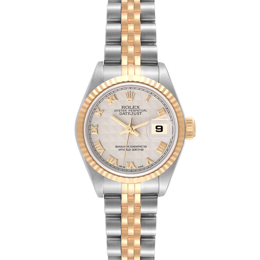 The image shows a Rolex Datejust 79173 Women's Steel and Gold (two tone) Beige Dial 79173 Women's Steel and Gold (two tone) Beige Dial watch at a straight-on angle, highlighting the face, bezel, and bracelet.