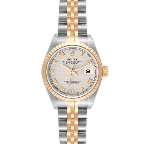 This image shows a Rolex Datejust 79173 Women's Steel and Gold (two tone) Beige Dial 79173 Women's Steel and Gold (two tone) Beige Dial watch with a silver and gold Jubilee bracelet, fluted bezel, and date display at 3 o'clock.