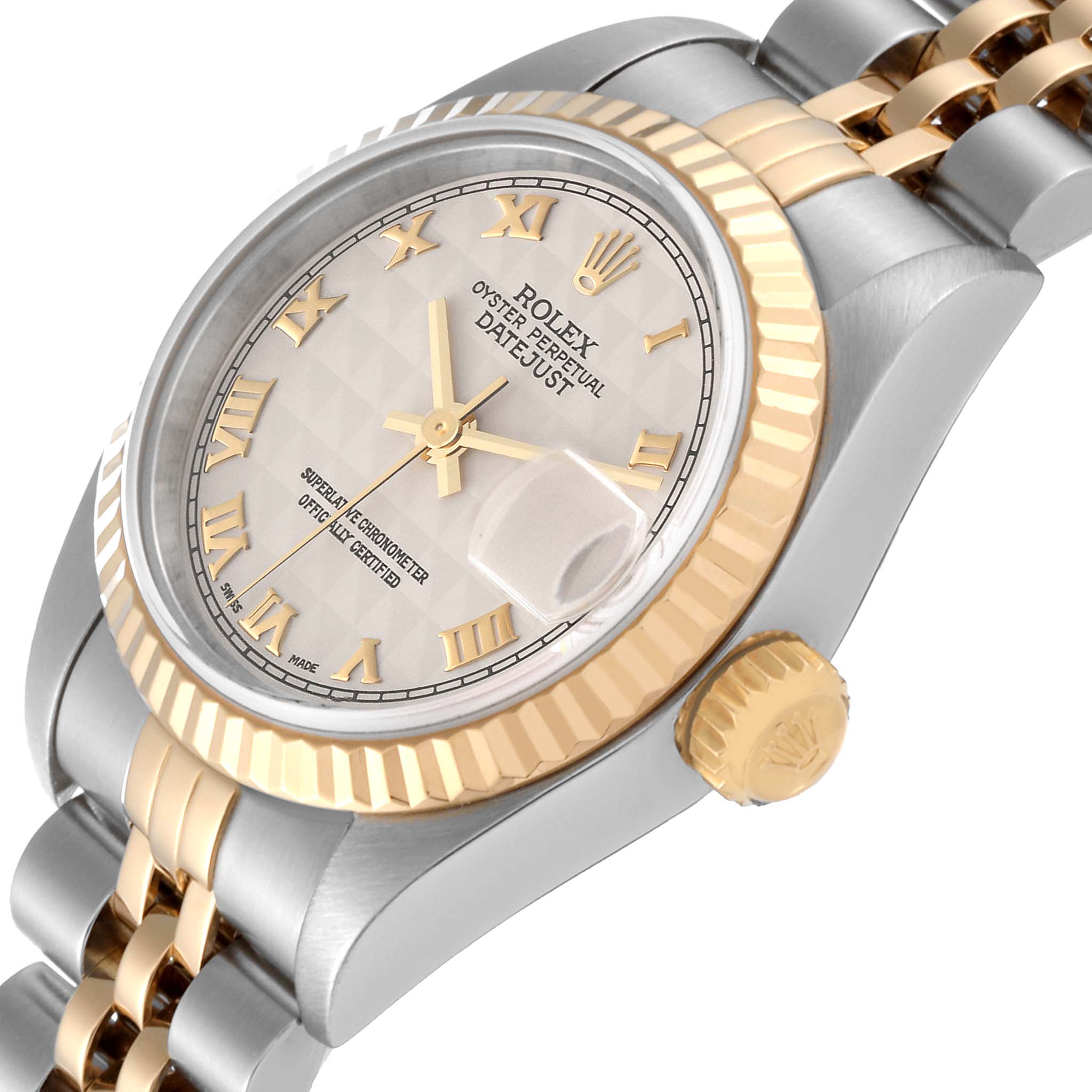 This image shows a close-up side angle of a Rolex Datejust 79173 Women's Steel and Gold (two tone) Beige Dial 79173 Women's Steel and Gold (two tone) Beige Dial model, highlighting the bezel, crown, and partial bracelet.