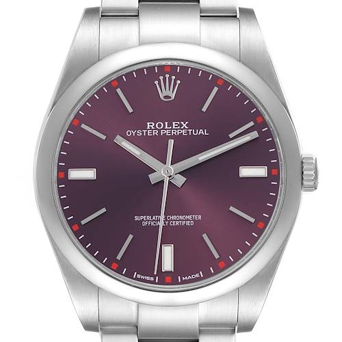 The image shows a front view of a Rolex Oyster Perpetual 114300 Men's Stainless Steel Purple Dial 114300 Men's Stainless Steel Purple Dial watch, highlighting the dial, hands, and crown.