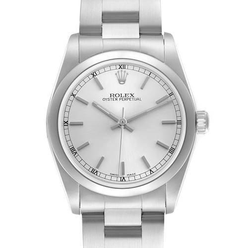 The Rolex Mid-Size 77080 Women's Stainless Steel Silver Dial 77080 Women's Stainless Steel Silver Dial model is shown from a front angle, displaying the face, bezel, crown, and parts of the bracelet.