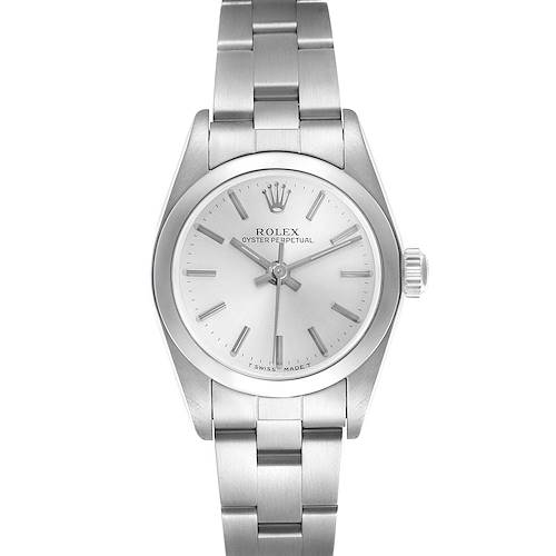 The Rolex Oyster Perpetual 76080 Women's Stainless Steel Silver Dial 76080 Women's Stainless Steel Silver Dial watch is shown from a front angle, highlighting the dial, bezel, bracelet, and crown.