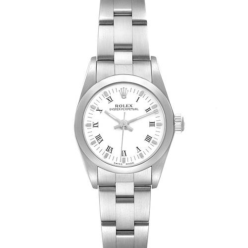 The Rolex Oyster Perpetual 76080 Women's Stainless Steel White Dial 76080 Women's Stainless Steel White Dial watch is shown from a top-down angle, highlighting the face, bracelet, and crown.