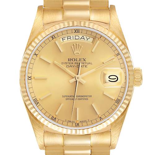 The Rolex President 18038 Men's Yellow Gold Champagne Dial 18038 Men's Yellow Gold Champagne Dial model is shown from the front, highlighting the gold dial, bezel, bracelet, day, and date features.