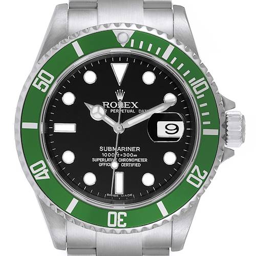 This is a front-facing image of a Rolex Submariner 16610LV Men's Stainless Steel Black Dial 16610LV Men's Stainless Steel Black Dial watch, showing the entire face, bezel, crown, and part of the metal bracelet.