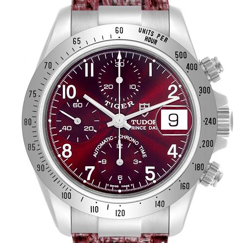 The image shows a Tudor Tiger 79280P Men's Stainless Steel Red Dial 79280P Men's Stainless Steel Red Dial model watch face-on, highlighting the bezel, crown, pushers, and dial features.