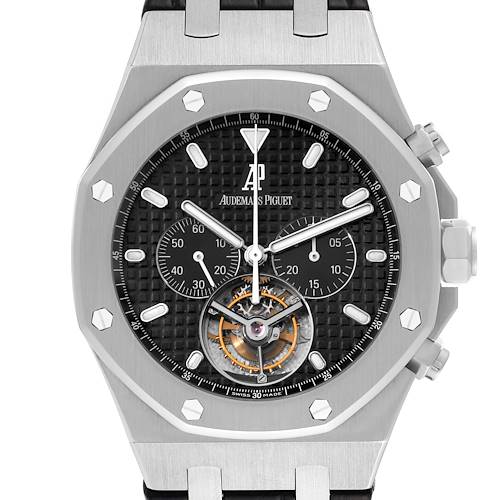 This image shows a close-up view of the dial and part of the bracelet of an Audemars Piguet Royal Oak 25977ST.OO.D002CR.01 Men's Stainless Steel Black Dial 25977ST.OO.D002CR.01 Men's Stainless Steel Black Dial watch.