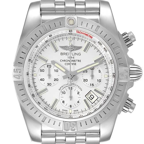 This image shows a front view of the Breitling Chronomat AB0115 Men's Stainless Steel Silver Dial AB0115 Men's Stainless Steel Silver Dial watch, including its dial, bezel, and part of the bracelet.