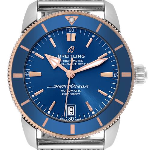 The Breitling Superocean UB2010161C1A1 Men's Stainless Steel Blue Dial UB2010161C1A1 Men's Stainless Steel Blue Dial watch is shown from the front, highlighting its blue dial, hands, indices, bezel, and crown.