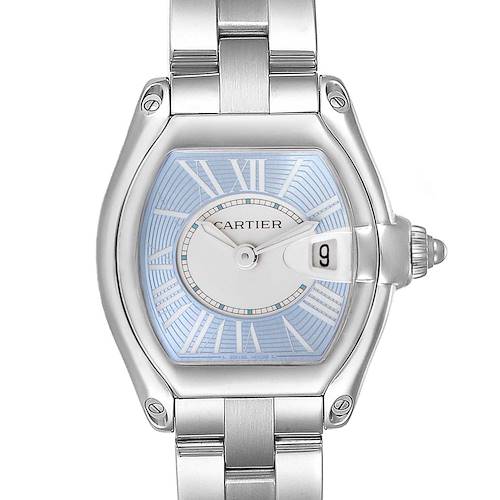 The image shows a frontal view of the Cartier Roadster W62053V3 Women's Stainless Steel Blue Dial W62053V3 Women's Stainless Steel Blue Dial watch, highlighting the face, bracelet, and crown.