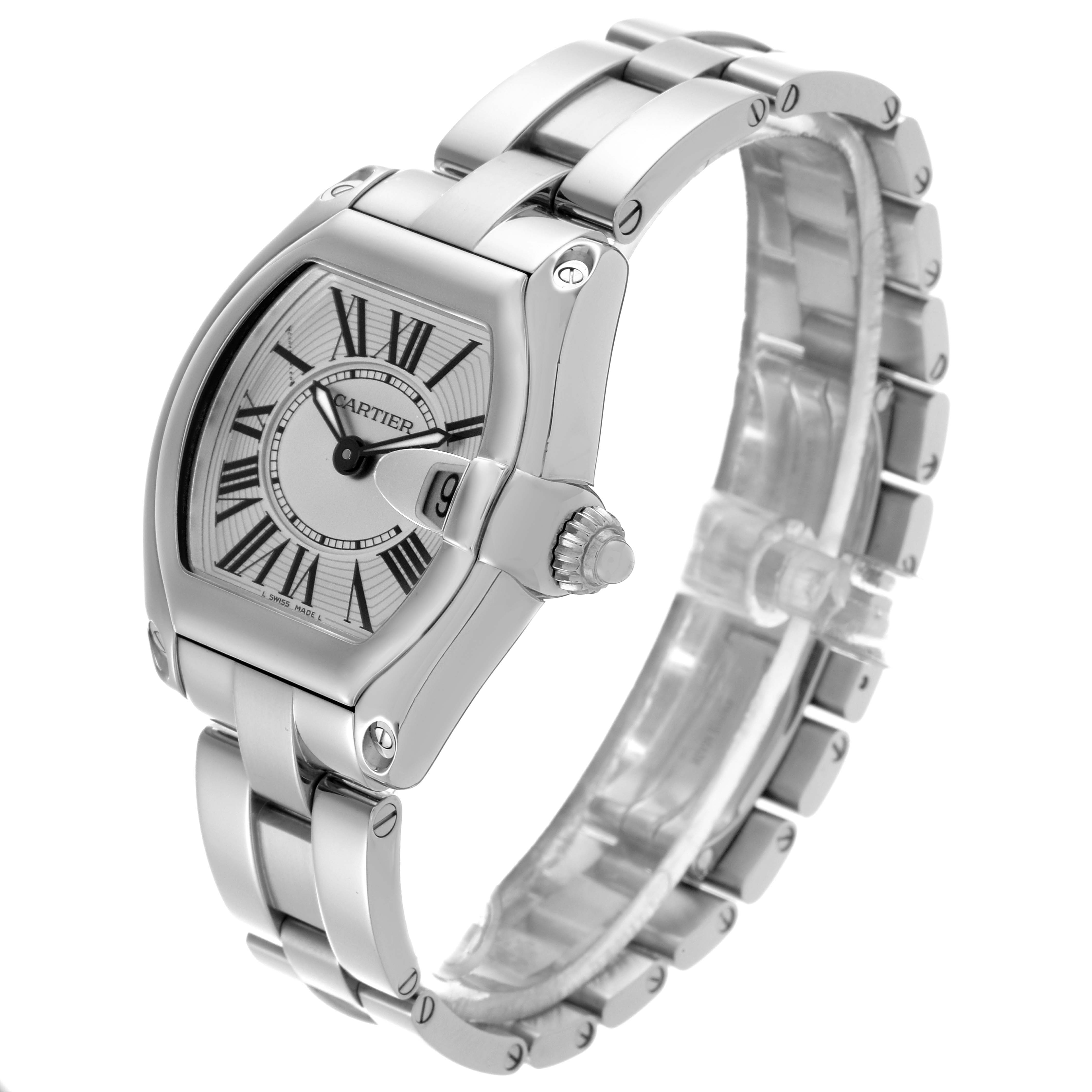 The Cartier Roadster W62016V3 Women's Stainless Steel Silver Dial W62016V3 Women's Stainless Steel Silver Dial watch is shown at a three-quarter angle, displaying the face, crown, and part of the band.
