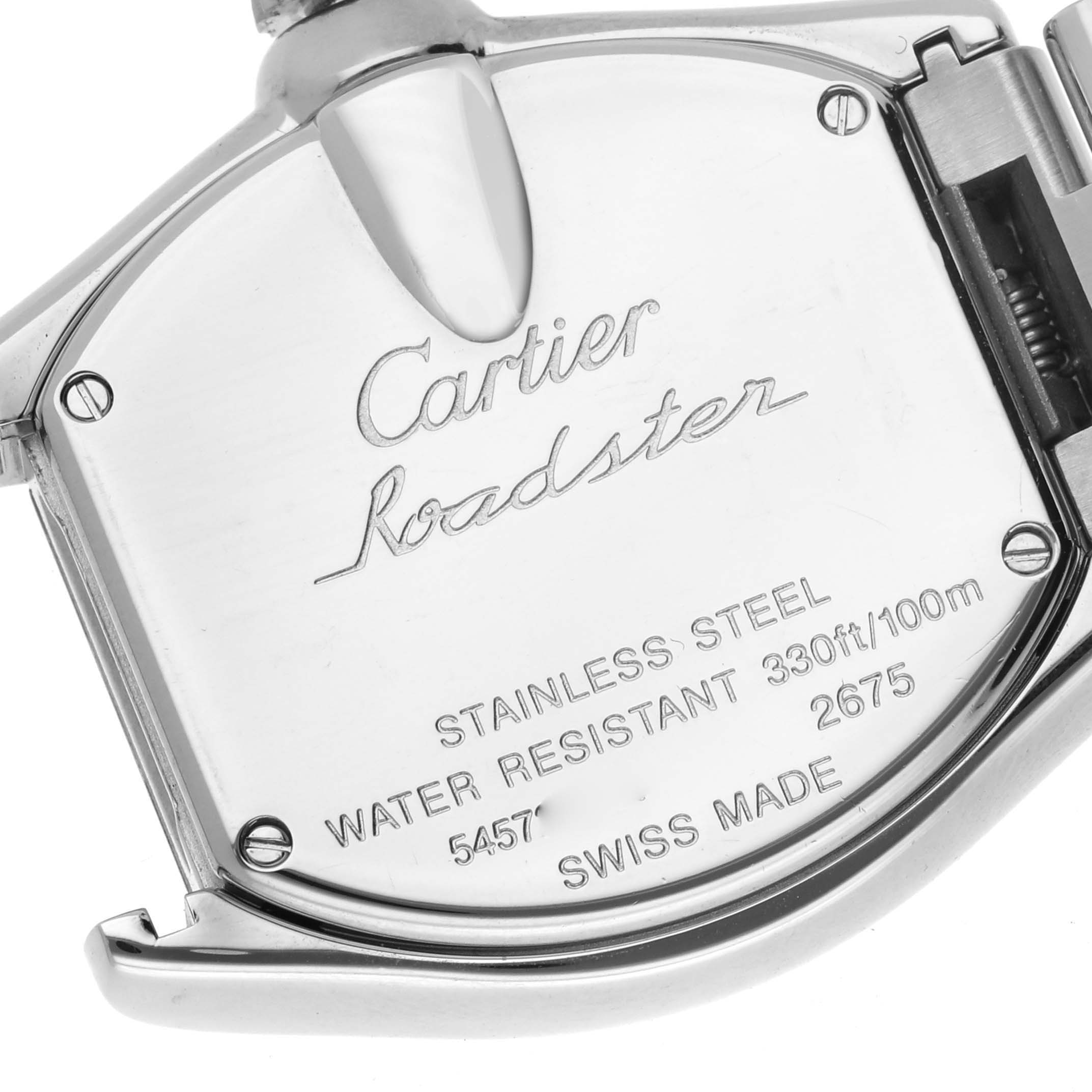 The image shows the back of a Cartier Roadster W62016V3 Women's Stainless Steel Silver Dial W62016V3 Women's Stainless Steel Silver Dial watch, highlighting its engraved details and clasp.
