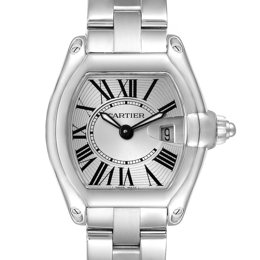 The Cartier Roadster W62016V3 Women's Stainless Steel Silver Dial W62016V3 Women's Stainless Steel Silver Dial watch is shown from a front angle, highlighting the dial, Roman numerals, and bracelet.