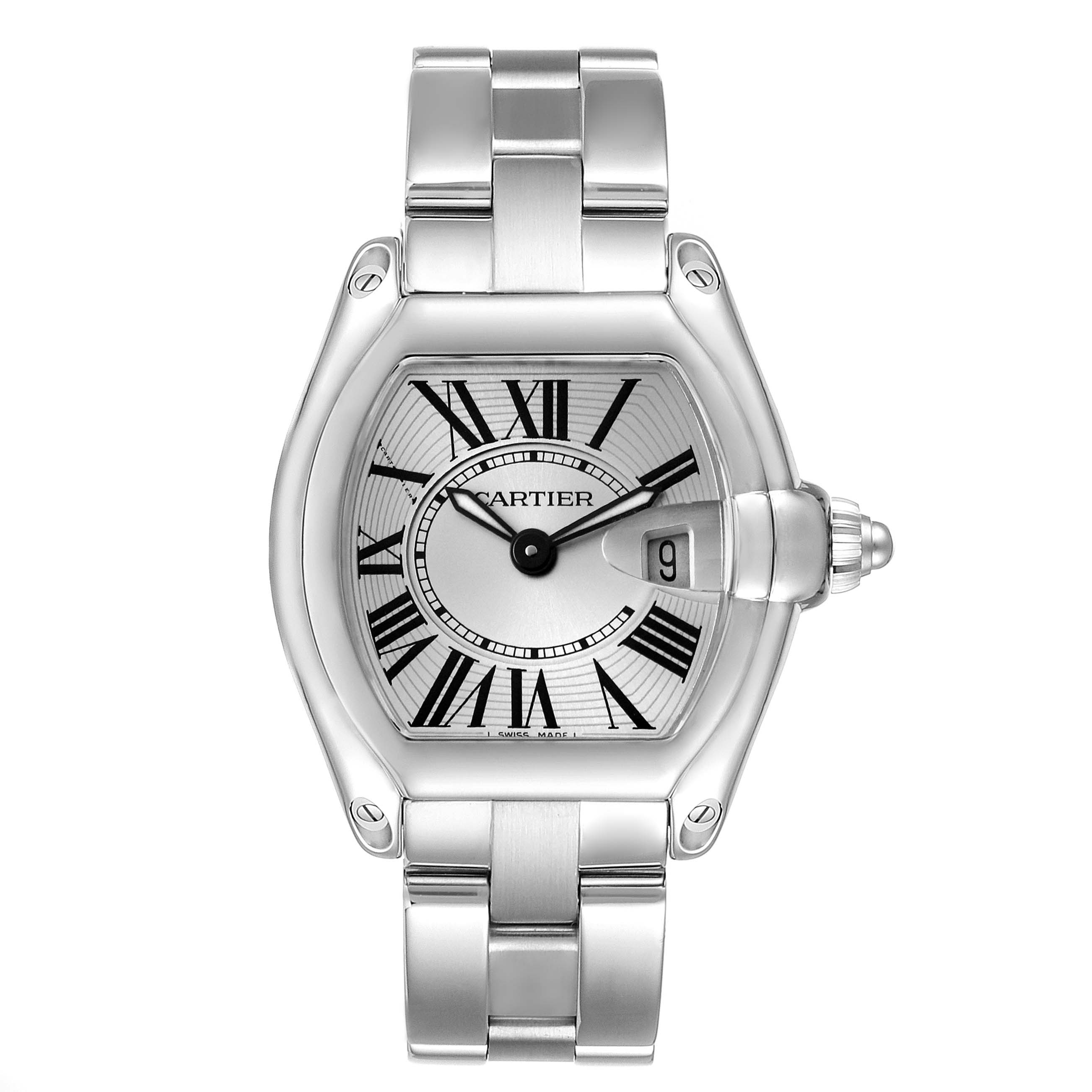 The Cartier Roadster W62016V3 Women's Stainless Steel Silver Dial W62016V3 Women's Stainless Steel Silver Dial watch is shown from a top-down angle, highlighting the dial, bracelet, and crown.