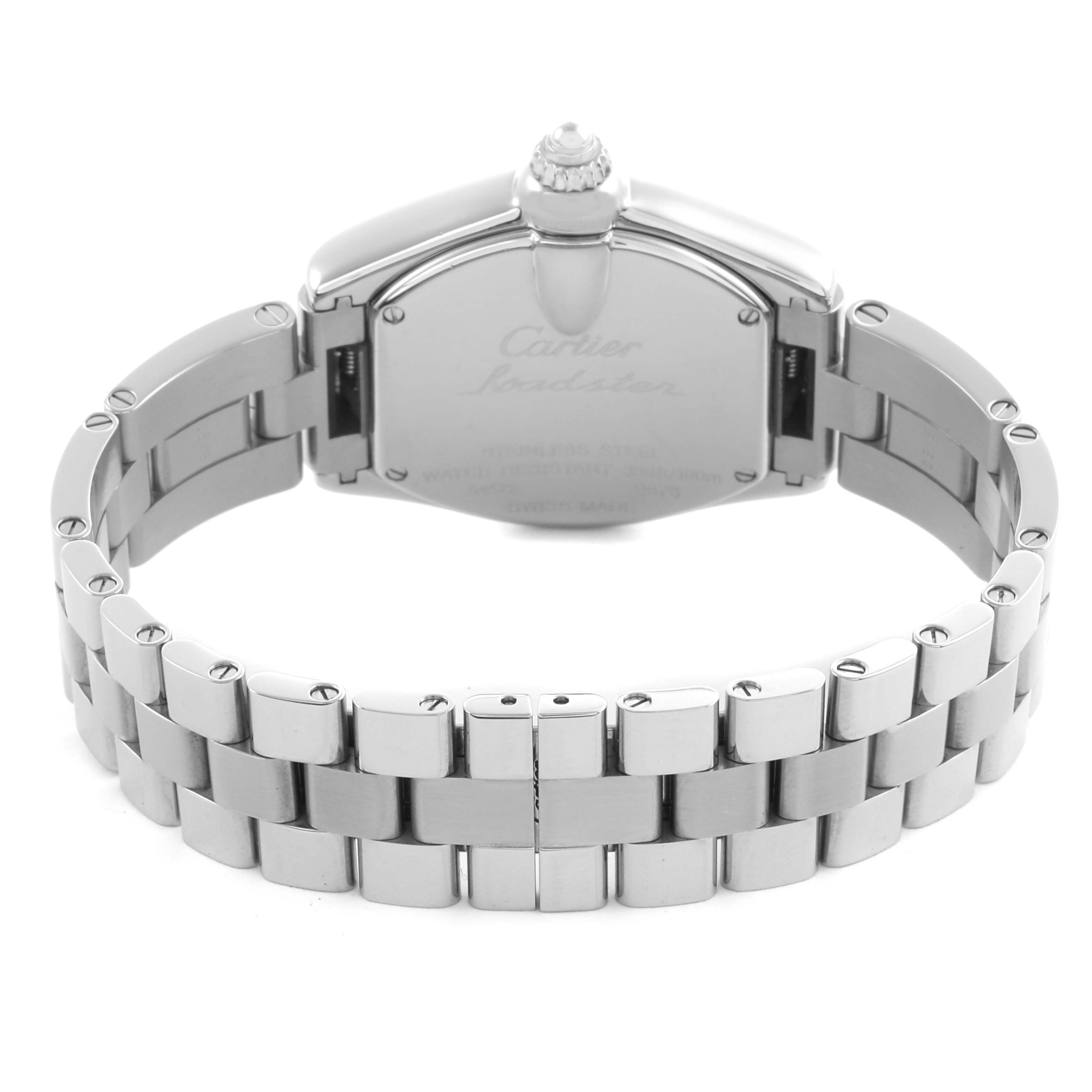The image shows the back view of a Cartier Roadster W62016V3 Women's Stainless Steel Silver Dial W62016V3 Women's Stainless Steel Silver Dial watch, highlighting the case back and part of the bracelet.