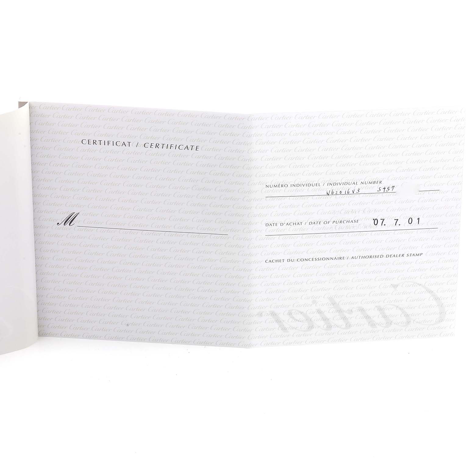 This image shows a certificate for a Cartier Roadster W62016V3 Women's Stainless Steel Silver Dial W62016V3 Women's Stainless Steel Silver Dial watch, displaying purchase details and serial number.