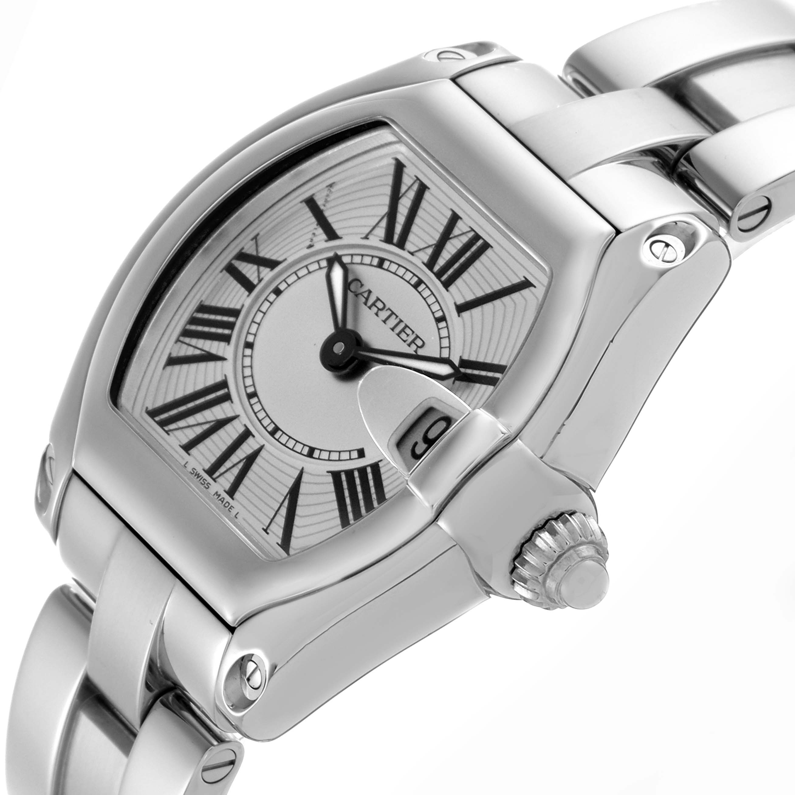 The Cartier Roadster W62016V3 Women's Stainless Steel Silver Dial W62016V3 Women's Stainless Steel Silver Dial watch is shown at a three-quarter angle highlighting the dial, case, crown, and part of the bracelet.