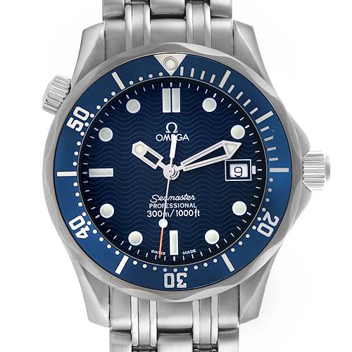 The Omega Seamaster 2561.80.00 Men's Stainless Steel Blue Dial 2561.80.00 Men's Stainless Steel Blue Dial watch is shown from a top-down angle, highlighting its face, bezel, crown, bracelet, and date feature.