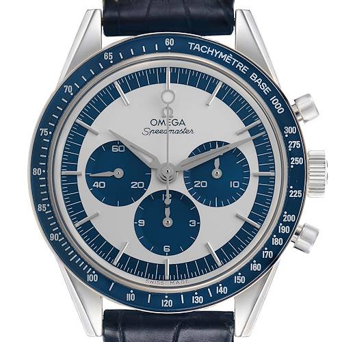 The image shows a front view of the Omega Speedmaster 311.33.40.30.02.001 Men's Stainless Steel Silver Dial 311.33.40.30.02.001 Men's Stainless Steel Silver Dial, focusing on its blue and white dial, bezel, and crown.