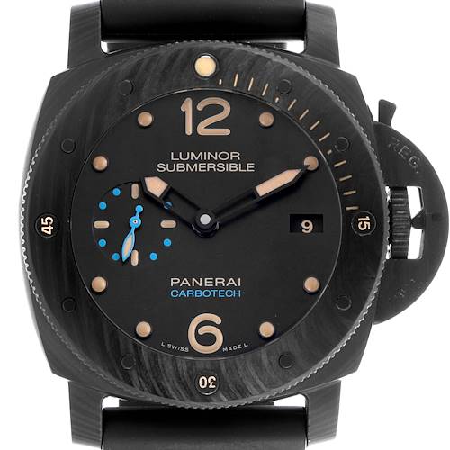 The image shows a front view of the Panerai Submersible PAM00616 Men's Ceramic Black Dial PAM00616 Men's Ceramic Black Dial watch, highlighting the dial, hands, and crown guard.