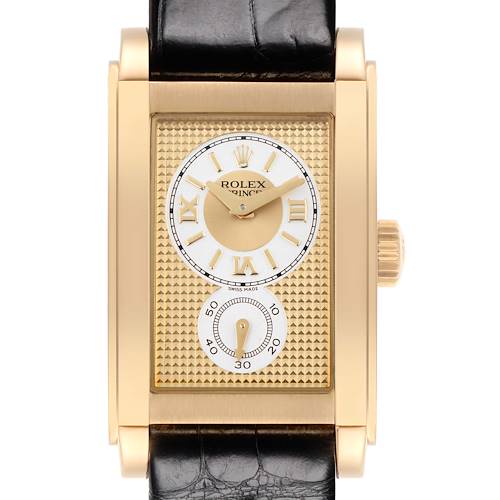 The Rolex Cellini 5440 Men's Yellow Gold Champagne Dial 5440 Men's Yellow Gold Champagne Dial watch is shown from the front, highlighting its rectangular dial, gold case, and black leather strap.