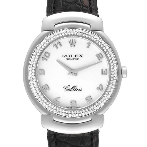 The Rolex Cellini 6681 Women's White Gold White Dial 6681 Women's White Gold White Dial watch is shown from a front angle, displaying the dial, bezel, and part of the leather strap.