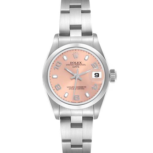The Rolex Date 79160 Women's Stainless Steel Pink Dial 79160 Women's Stainless Steel Pink Dial watch is shown from a top view, featuring the peach dial, bezel, and full bracelet.