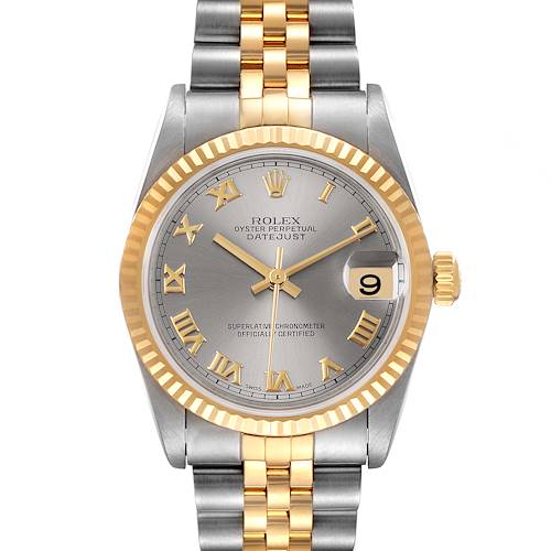 This is a front-view image of a Rolex Mid-Size 78273 Women's Steel and Gold (two tone) Grey Dial 78273 Women's Steel and Gold (two tone) Grey Dial Datejust watch, showcasing the dial, bezel, and bracelet.