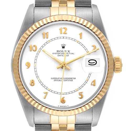 The image shows a front view of the Rolex Vintage Collection 16013 Men's Steel and Gold (two tone) White Dial 16013 Men's Steel and Gold (two tone) White Dial watch, highlighting its face, bezel, and partial bracelet.