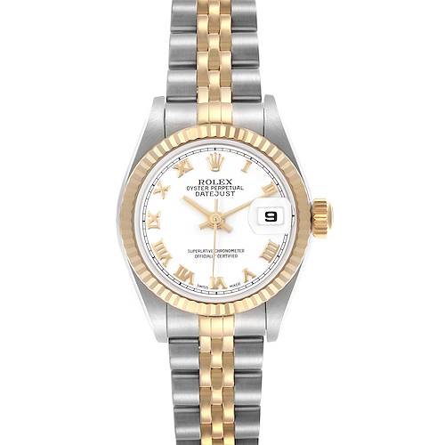 The Rolex Datejust 79173 Women's Steel and Gold (two tone) White Dial 79173 Women's Steel and Gold (two tone) White Dial watch is shown front-facing, displaying its dial, bracelet, and bezel.