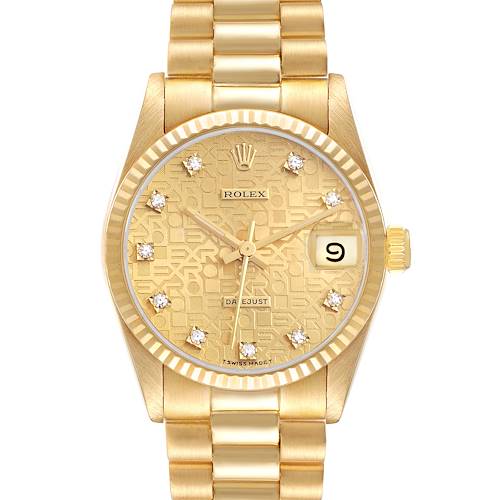 The Rolex Mid-Size model is shown from the front, displaying the dial, bezel, bracelet, and crown.