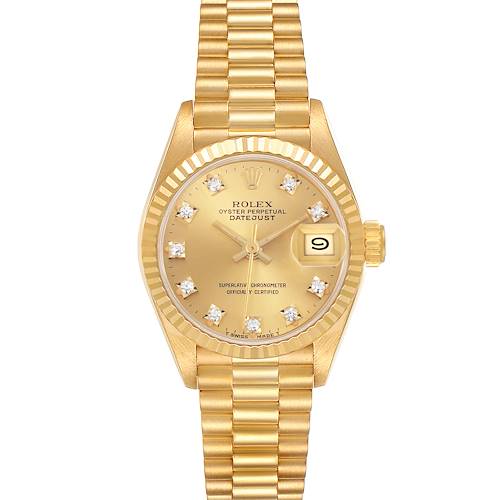 The Rolex President 69178 Women's Yellow Gold Champagne Dial 69178 Women's Yellow Gold Champagne Dial watch is shown from a top-down angle, highlighting the dial, bezel, and bracelet.