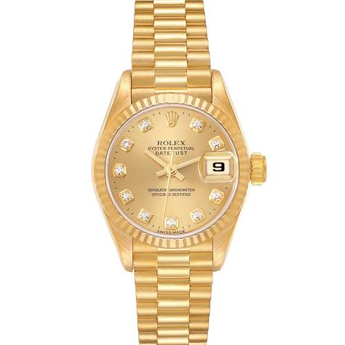 The Rolex President 69178 Women's Yellow Gold Champagne Dial 69178 Women's Yellow Gold Champagne Dial model is shown from a front view, highlighting the dial, bracelet, and date window.