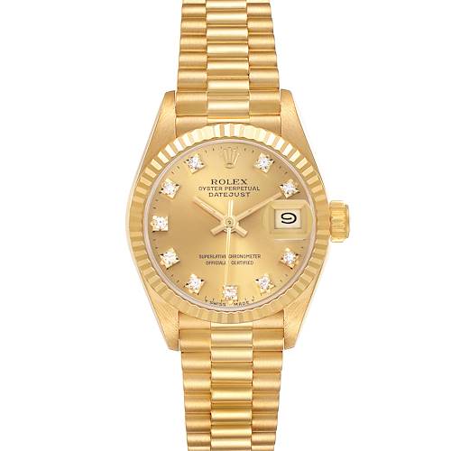 The Rolex President 69178 Women's Yellow Gold Champagne Dial 69178 Women's Yellow Gold Champagne Dial model watch is shown from a top-down angle, highlighting the gold dial, bezel, and bracelet.