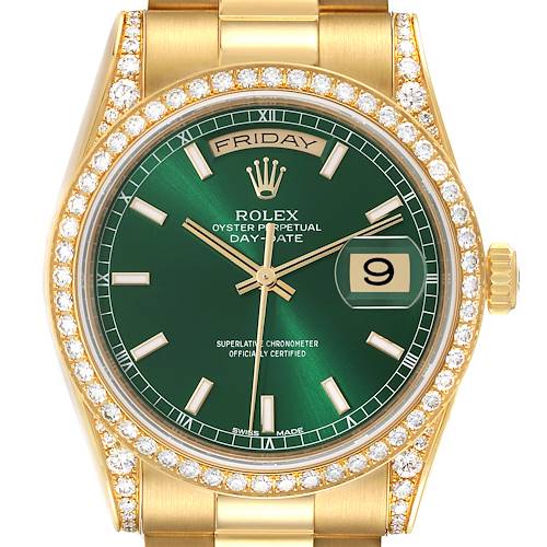 This image shows a Rolex President 118388 Men's Yellow Gold Green Dial 118388 Men's Yellow Gold Green Dial model watch from a front angle, displaying the green dial, day and date windows, and diamond bezel.