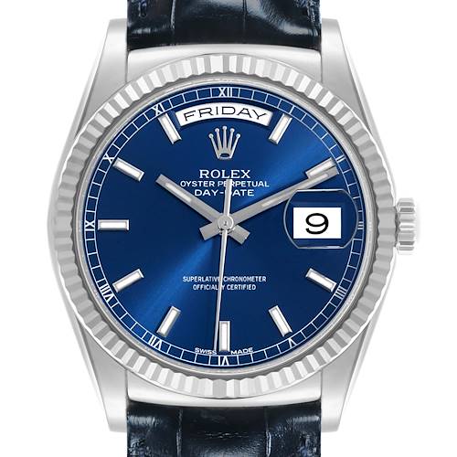 The Rolex President 118139 Men's White Gold Blue Dial 118139 Men's White Gold Blue Dial model is shown in a front view, displaying the blue dial, day-date features, and fluted bezel.