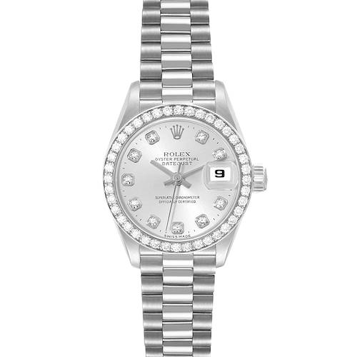 The image shows a frontal view of a Rolex President 69136G Women's Platinum Silver Dial 69136G Women's Platinum Silver Dial model watch, highlighting its dial, bezel, and bracelet.