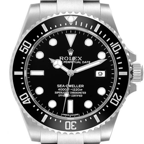 The image shows a front view of the Rolex Sea-Dweller 116600 Men's Stainless Steel Black Dial 116600 Men's Stainless Steel Black Dial watch, highlighting its black dial, bezel, and date window at 3 o'clock.