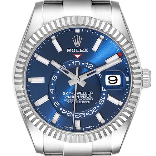 The Rolex Sky-Dweller 326934 Men's Stainless Steel Blue Dial 326934 Men's Stainless Steel Blue Dial watch is shown from a front angle, displaying the blue dial, bezel, hands, markers, date, and crown.