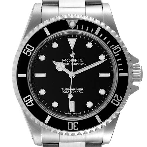 The image shows a front view of the Rolex Submariner 14060 Men's Stainless Steel Black Dial 14060 Men's Stainless Steel Black Dial watch, highlighting its dial, bezel, hands, and part of the bracelet.
