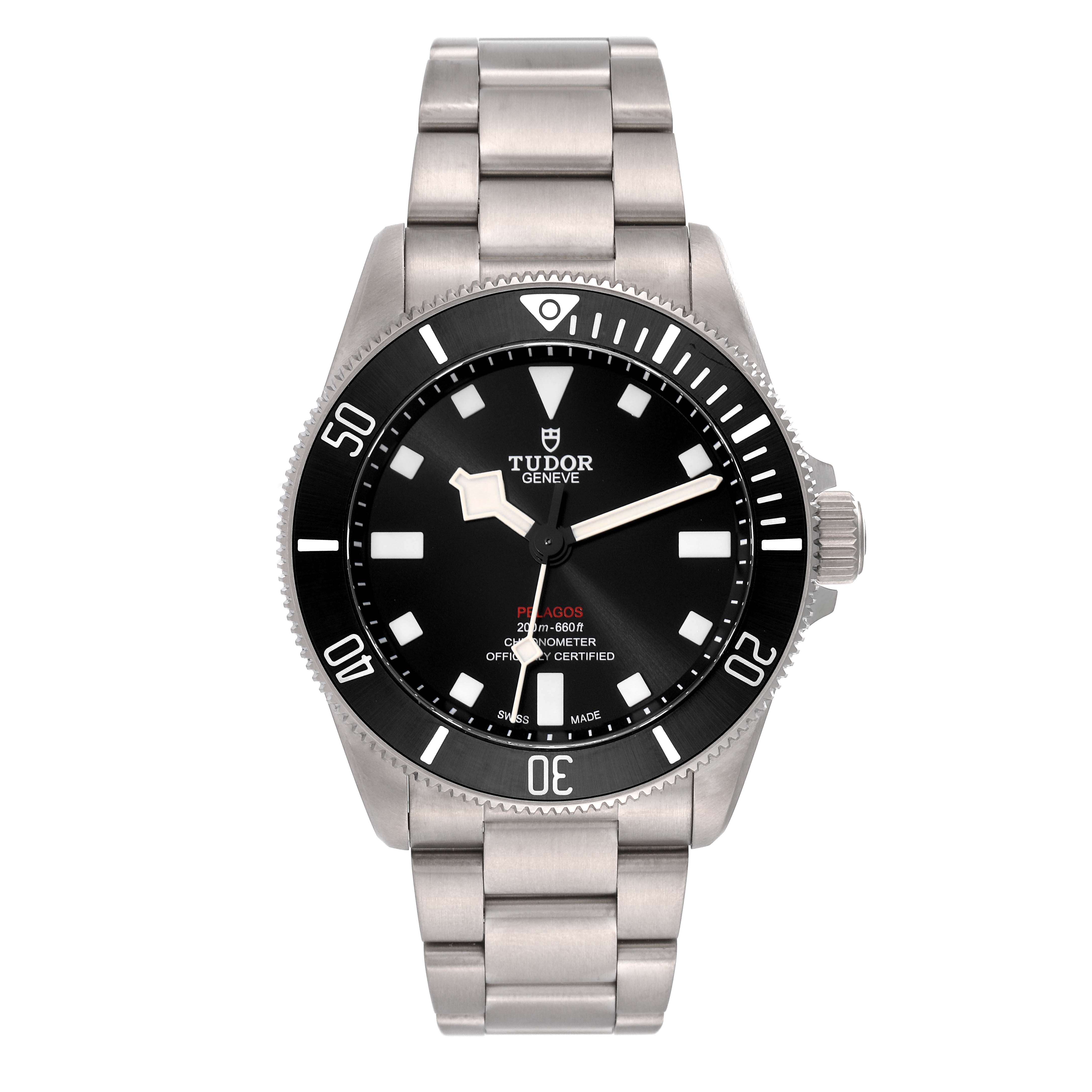 This image shows a front view of the Pelagos model by Tudor, displaying the dial, bezel, and bracelet.