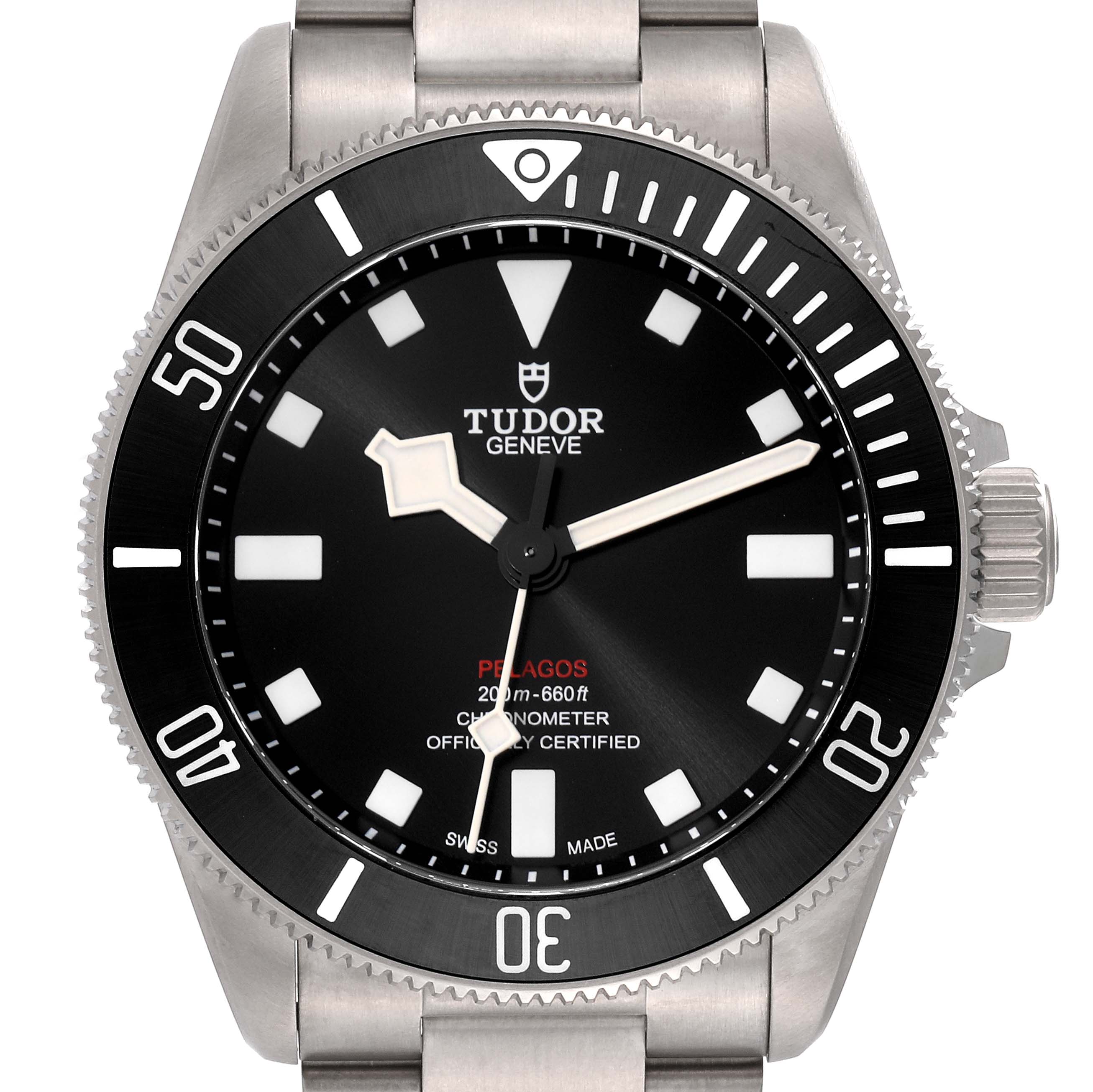 This image shows a Tudor Pelagos 25407N-0001 Men's Titanium Black Dial 25407N-0001 Men's Titanium Black Dial watch face-up, highlighting its bezel, dial, hands, and part of the bracelet.