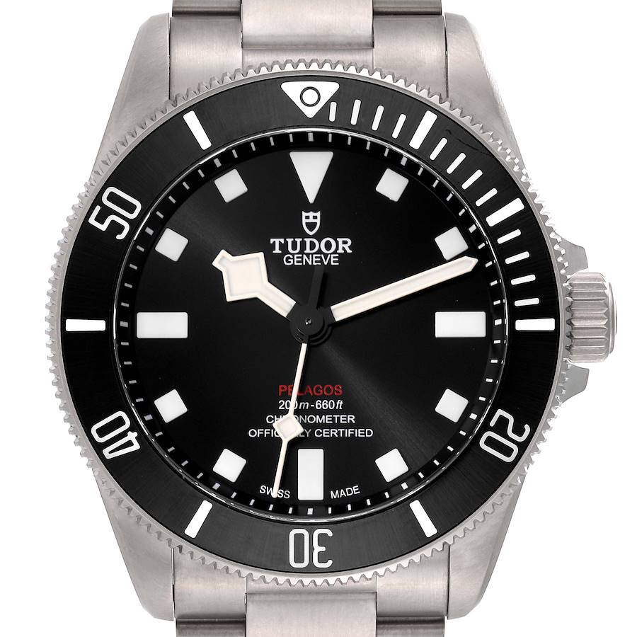 This image shows a Tudor Pelagos 25407N-0001 Men's Titanium Black Dial 25407N-0001 Men's Titanium Black Dial watch face-up, highlighting its bezel, dial, hands, and part of the bracelet.