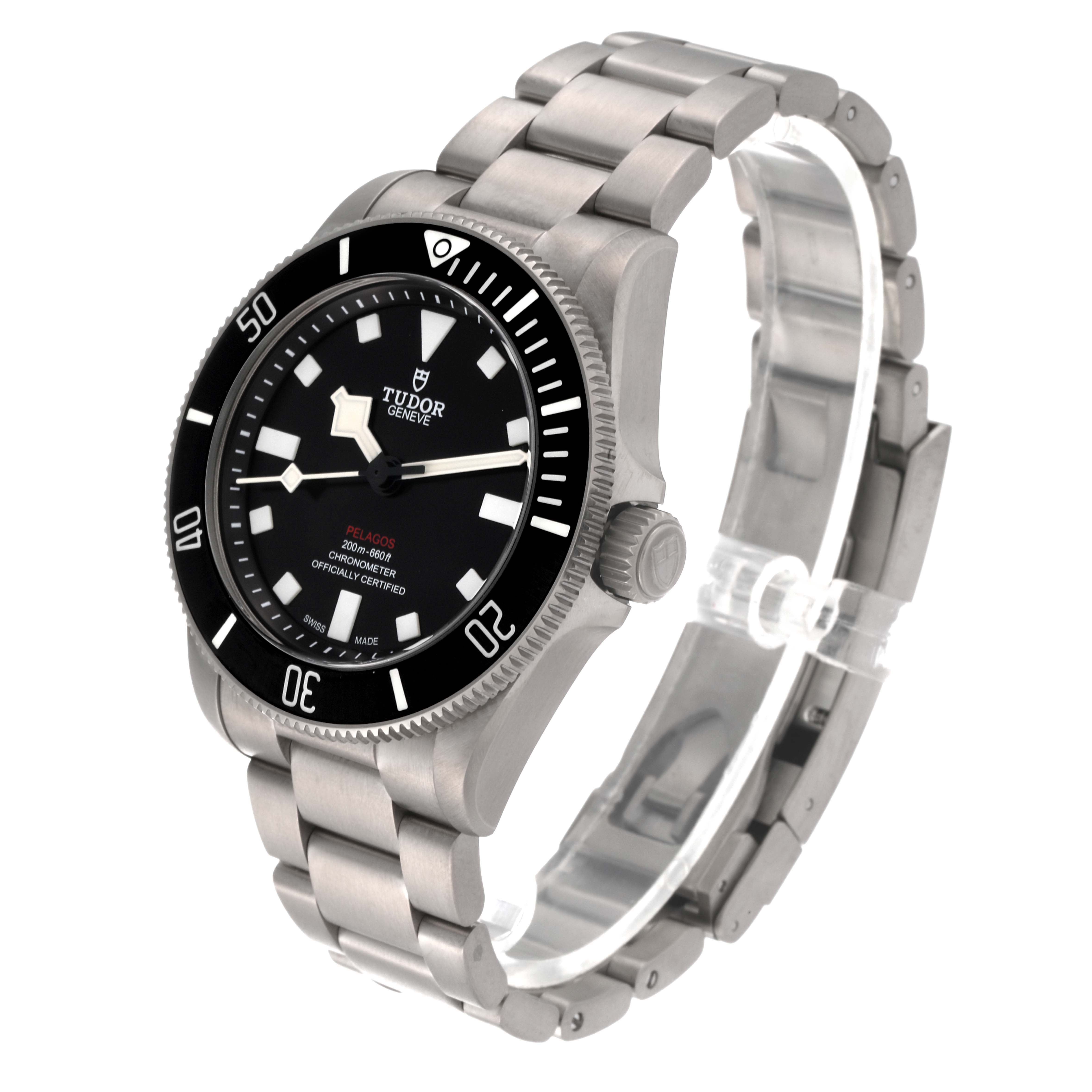The Tudor Pelagos 25407N-0001 Men's Titanium Black Dial 25407N-0001 Men's Titanium Black Dial watch is shown at a slight angle displaying the face, bezel, crown, and bracelet.