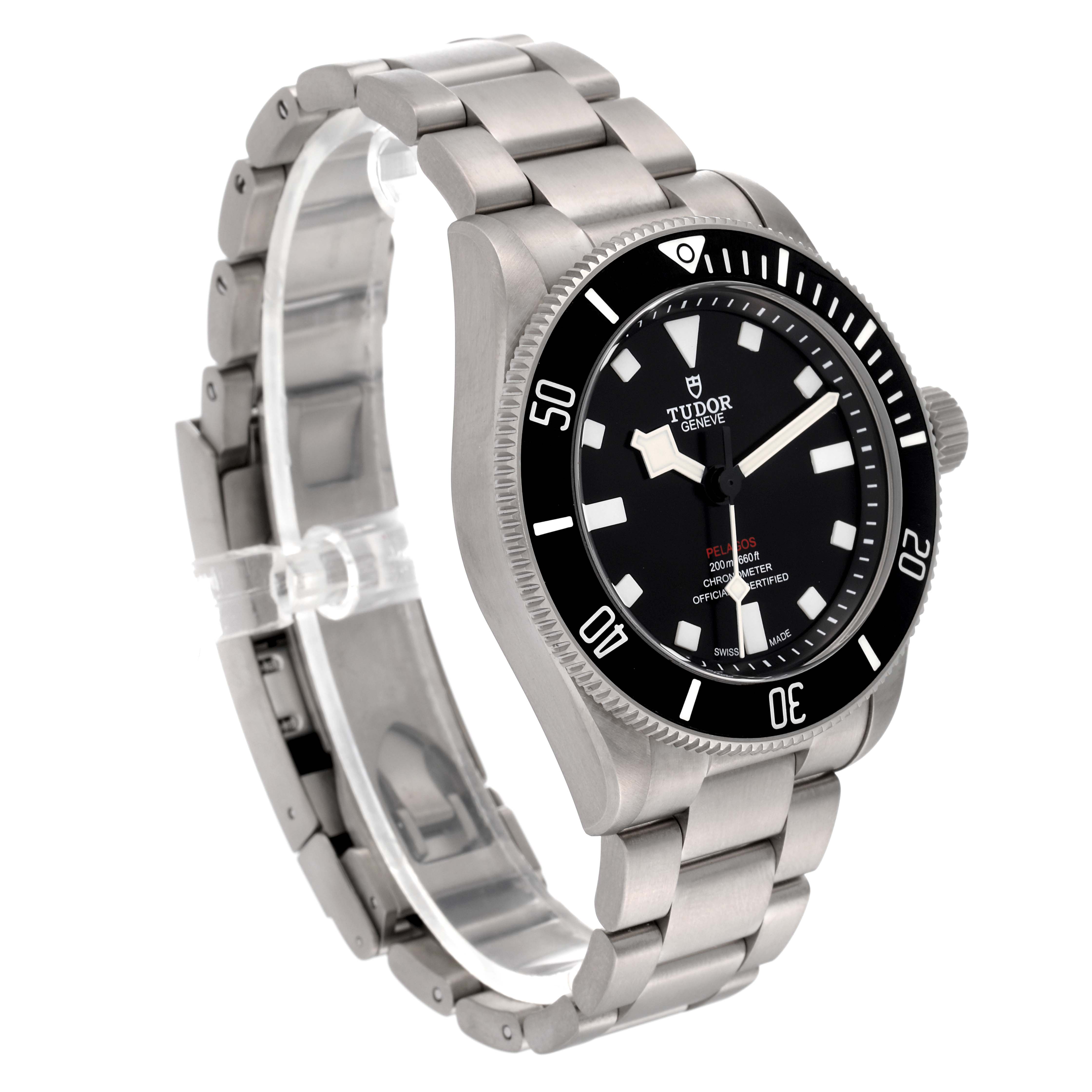 This image shows a Tudor Pelagos 25407N-0001 Men's Titanium Black Dial 25407N-0001 Men's Titanium Black Dial watch from a three-quarter angle, highlighting its black dial, bezel, and metal bracelet.