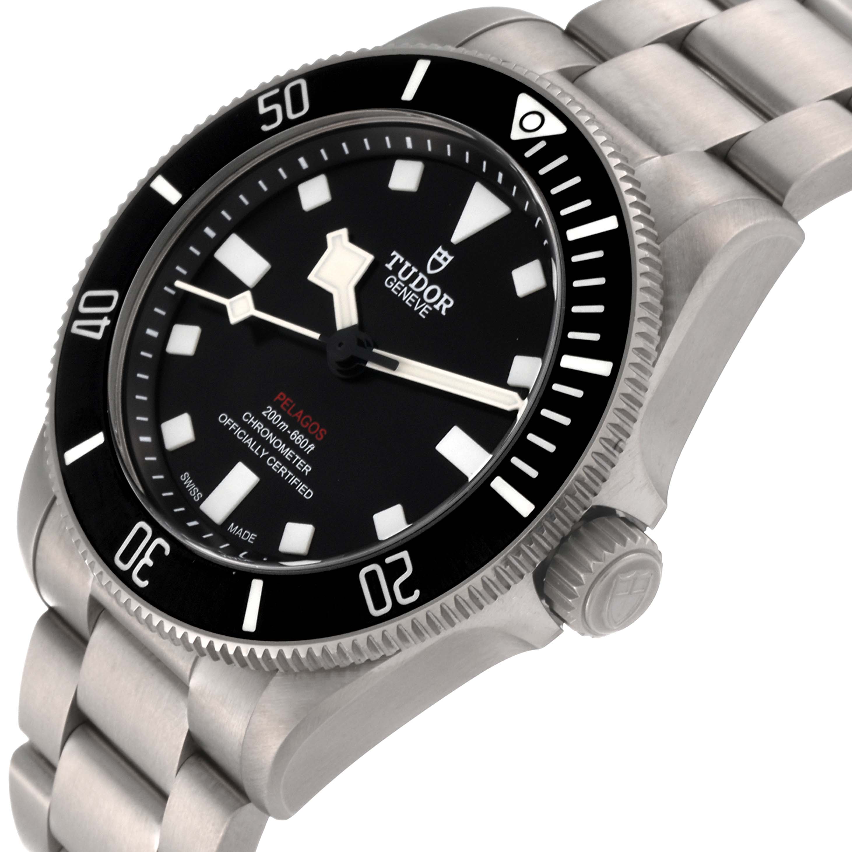 The image shows a Tudor Pelagos 25407N-0001 Men's Titanium Black Dial 25407N-0001 Men's Titanium Black Dial watch at a slight angle, highlighting the face, bezel, and stainless steel bracelet.