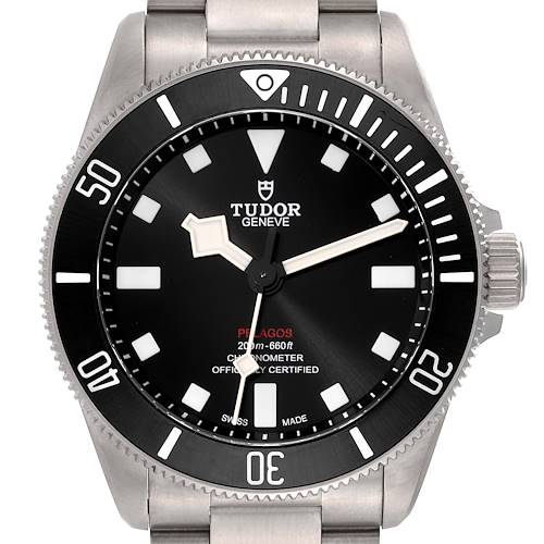 This image shows the dial, bezel, and crown of the Tudor Pelagos 25407N-0001 Men's Titanium Black Dial 25407N-0001 Men's Titanium Black Dial watch from a front-facing angle.