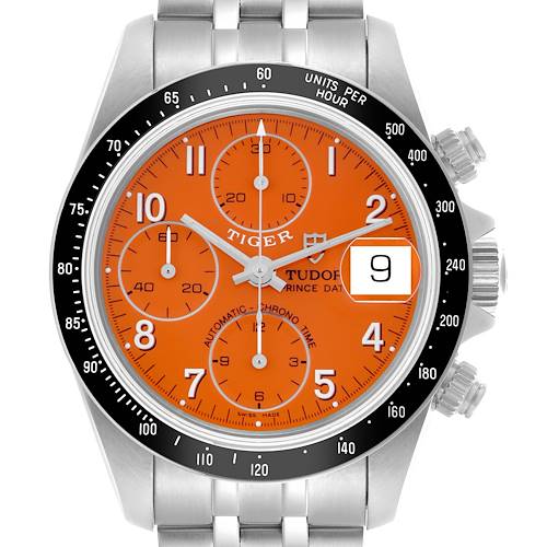 The Tudor Tiger 79260 Men's Stainless Steel Orange Dial 79260 Men's Stainless Steel Orange Dial model watch is shown from the front, displaying the orange dial, chronograph subdials, and date window.