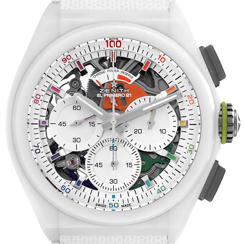 The image shows a front view of the dial of a Zenith Defy 49.9010.9004/01.R947 Men's Ceramic White Dial 49.9010.9004/01.R947 Men's Ceramic White Dial El Primero 21 watch, detailing the skeleton design and subdials.